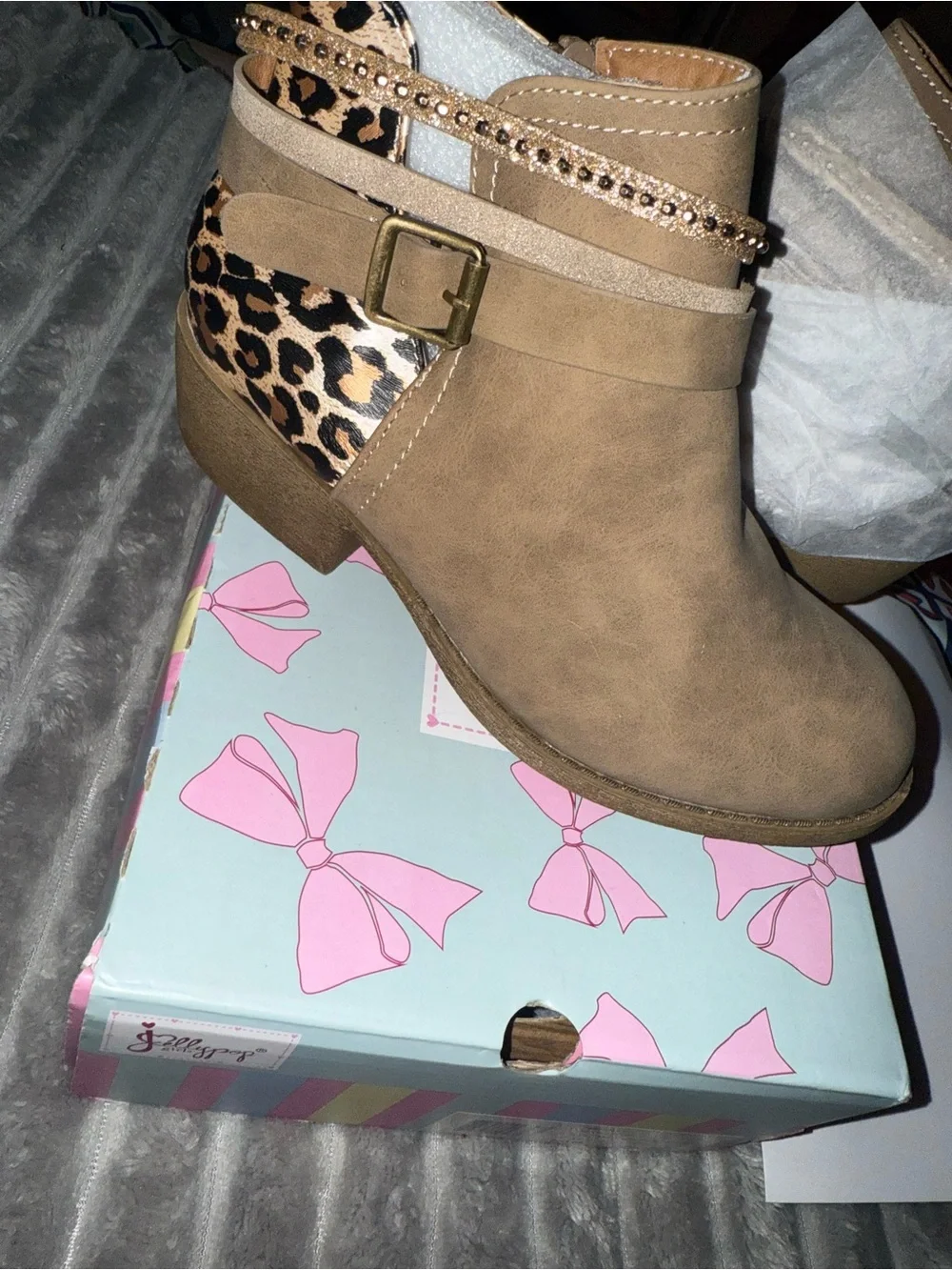 Jellypop Tan Ankle Boots with Leopard Accent and Rhinestone Strap